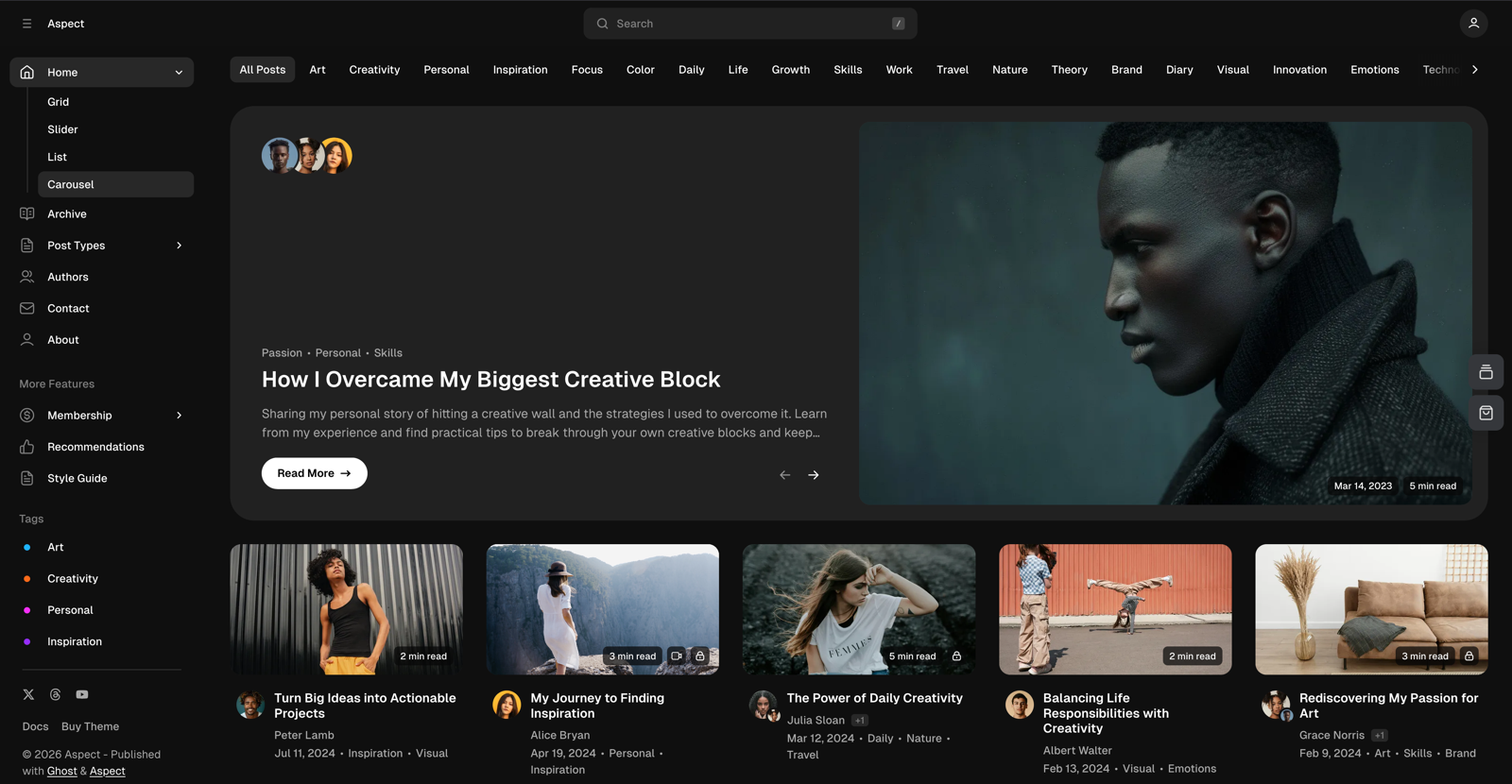 Demo homepage of the old premium magazine theme: carousel, long tag list with rainbow dots, author gallery