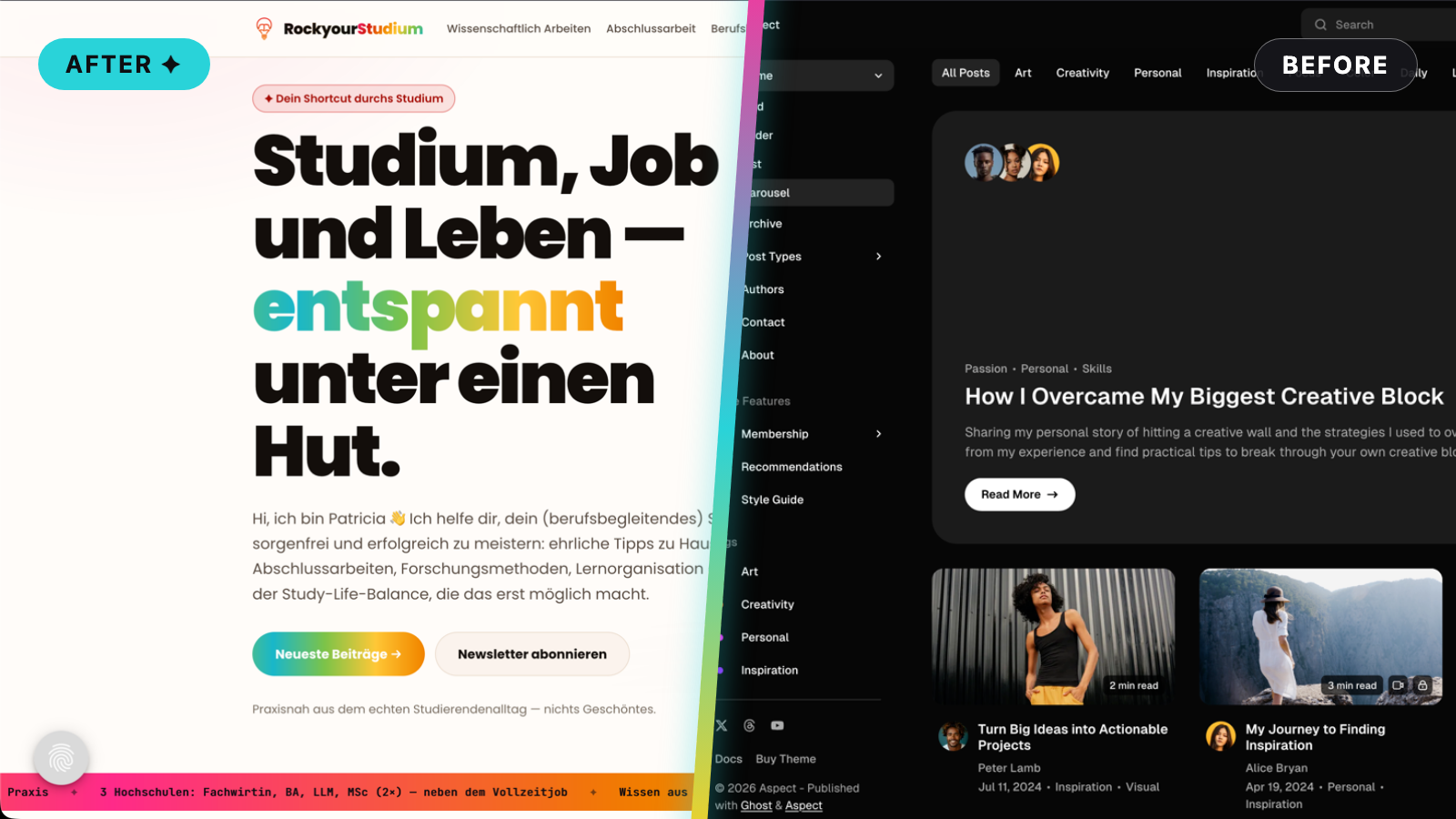 Split view: the new clean custom Ghost theme homepage on the left, the old dark magazine theme with its tag sidebar on the right, divided by a gradient line