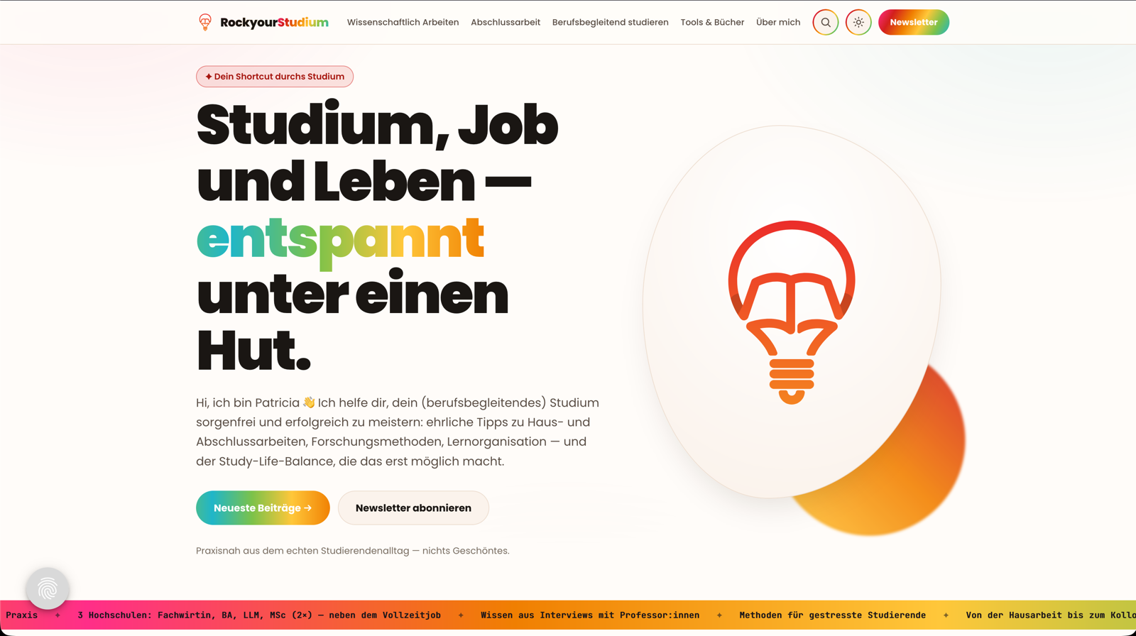 The new RockyourStudium homepage: one featured post, a topic strip and the scrolling marquee banner