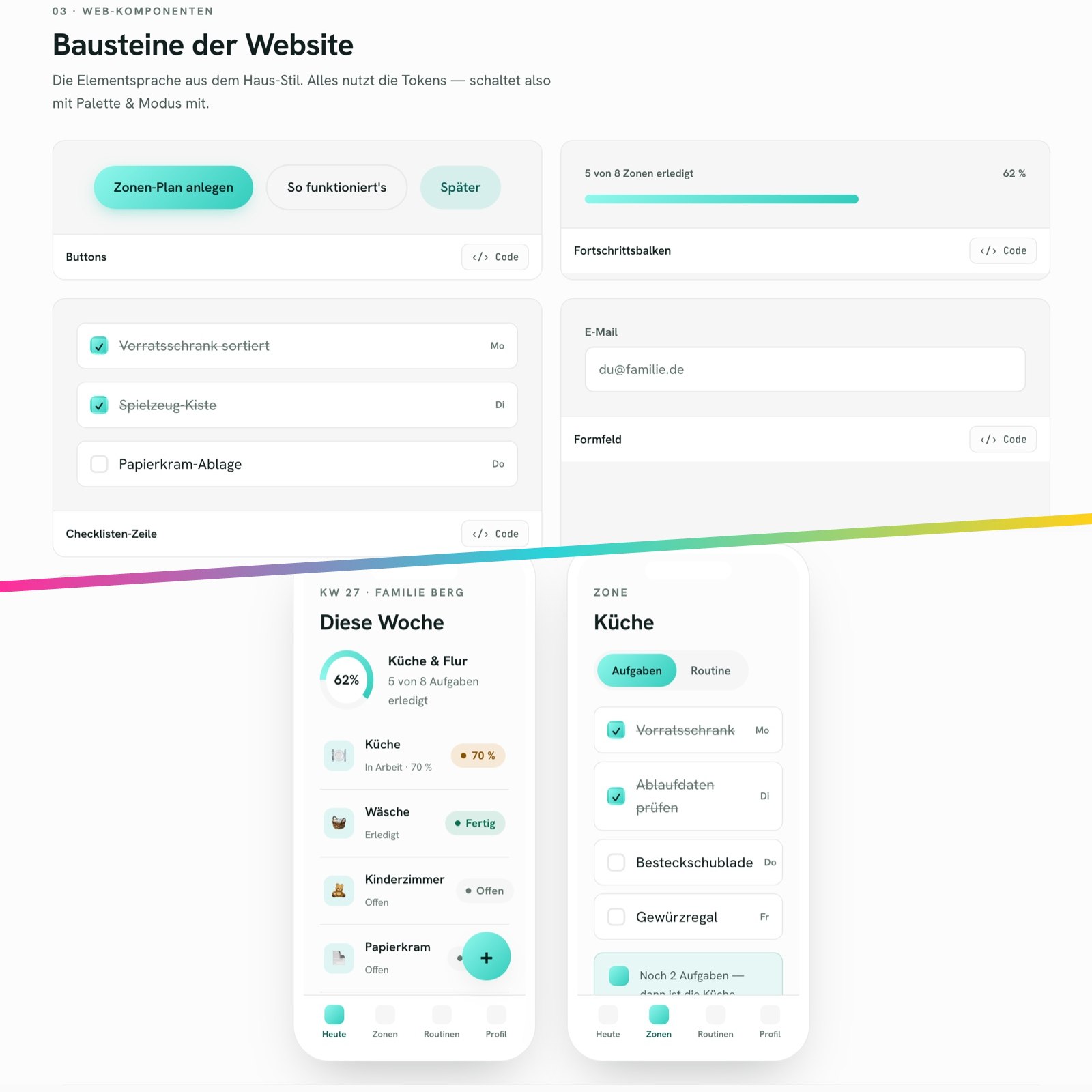 Two slices of the adapted brandbook, split by a diagonal gradient bar: web components on top, the matching phone mockups below — one calm mint palette throughout