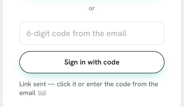 Login card detail: a 6-digit code field and a Sign in with code button below the magic-link option