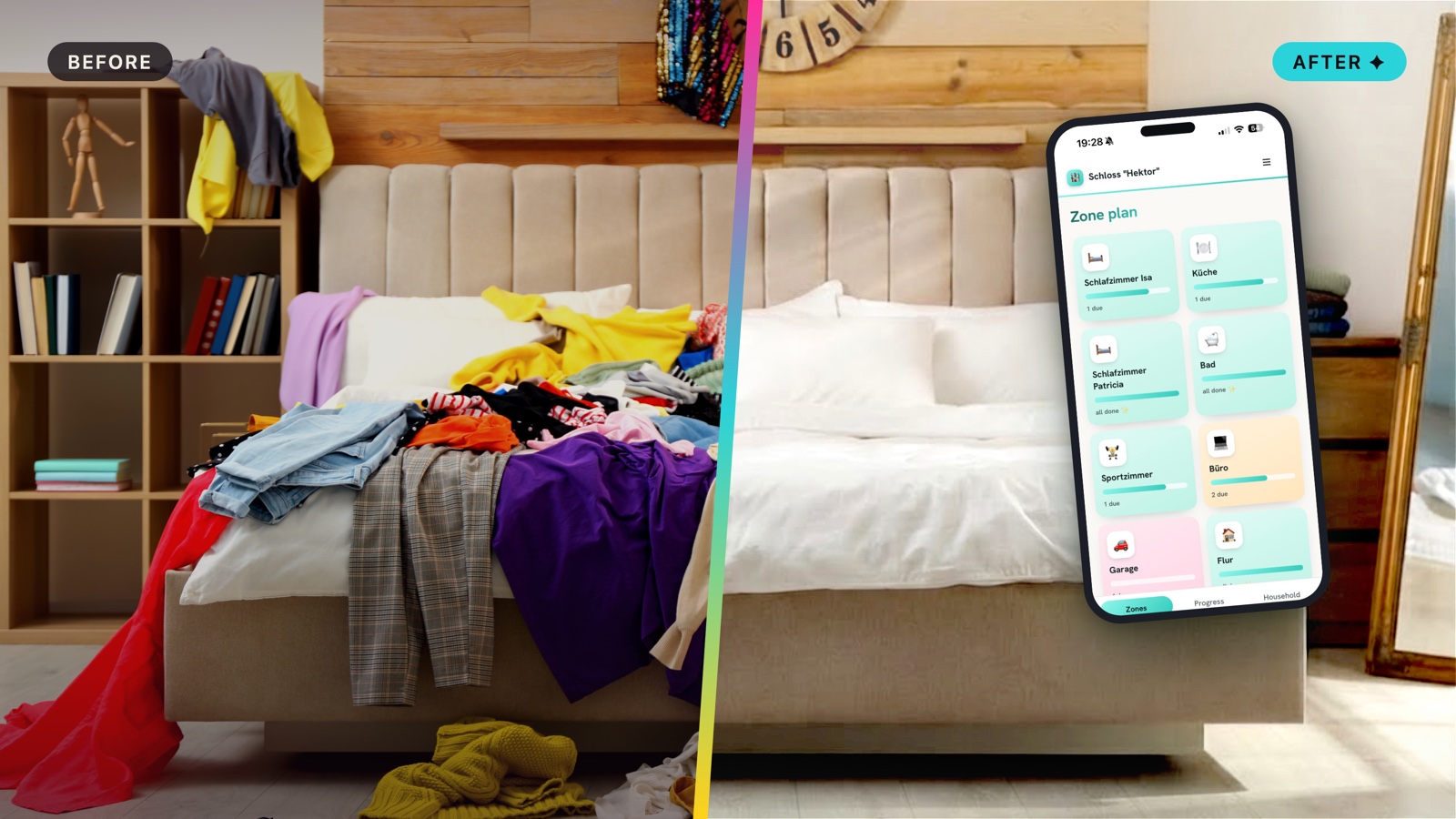 The same bedroom twice: buried under a clothes avalanche on the left, tidy on the right with the app's zone board on a phone