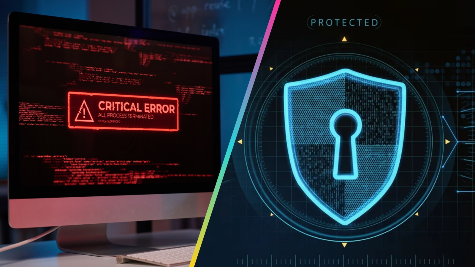 An iMac showing a red 'critical error' on the left, a blue security shield on the right — the difference between a skill you looked over and one you didn't.