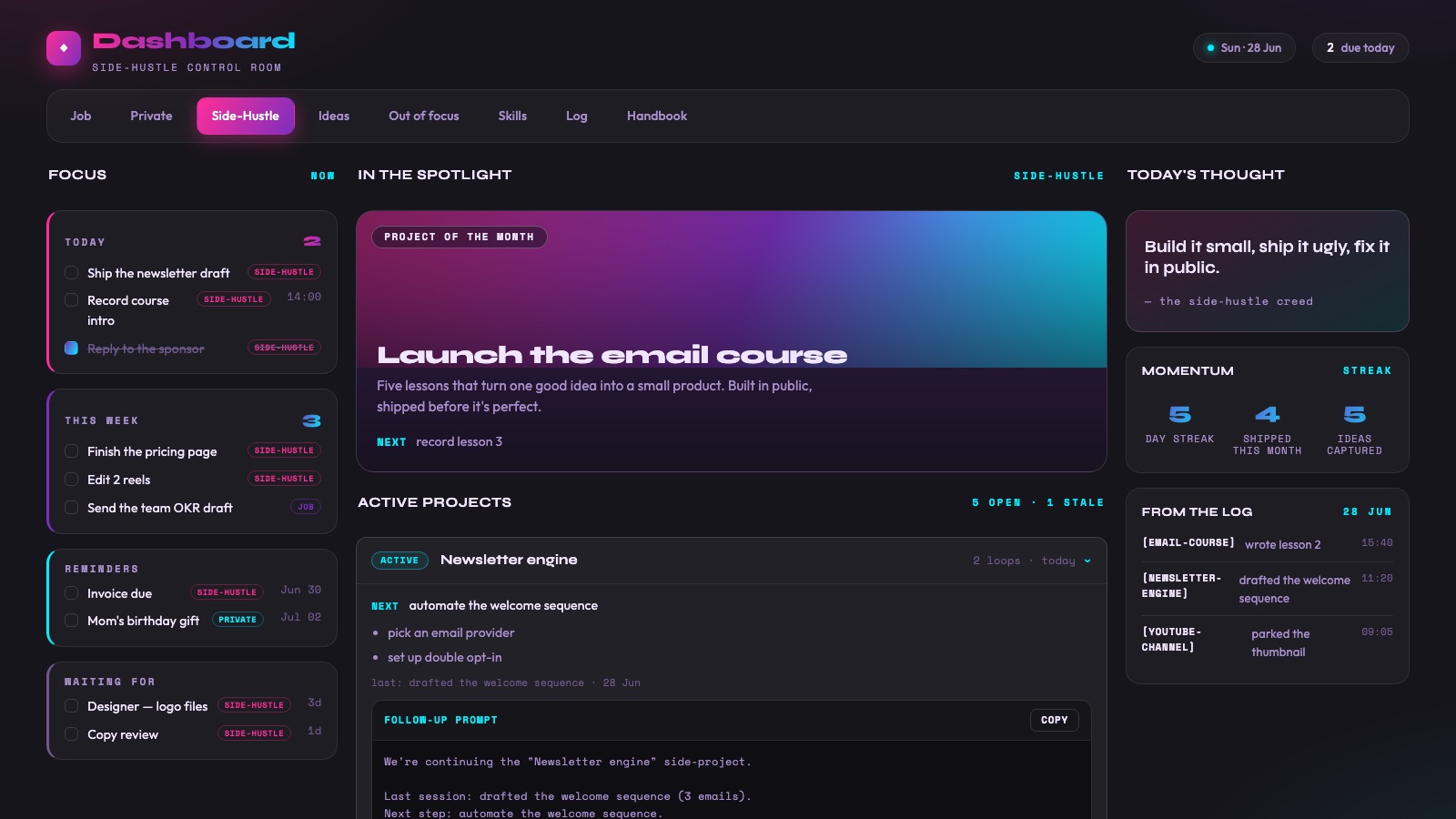 Dark dashboard with a focus column (today, this week, reminders), a spotlight project card and a compact log — filled with generic demo data