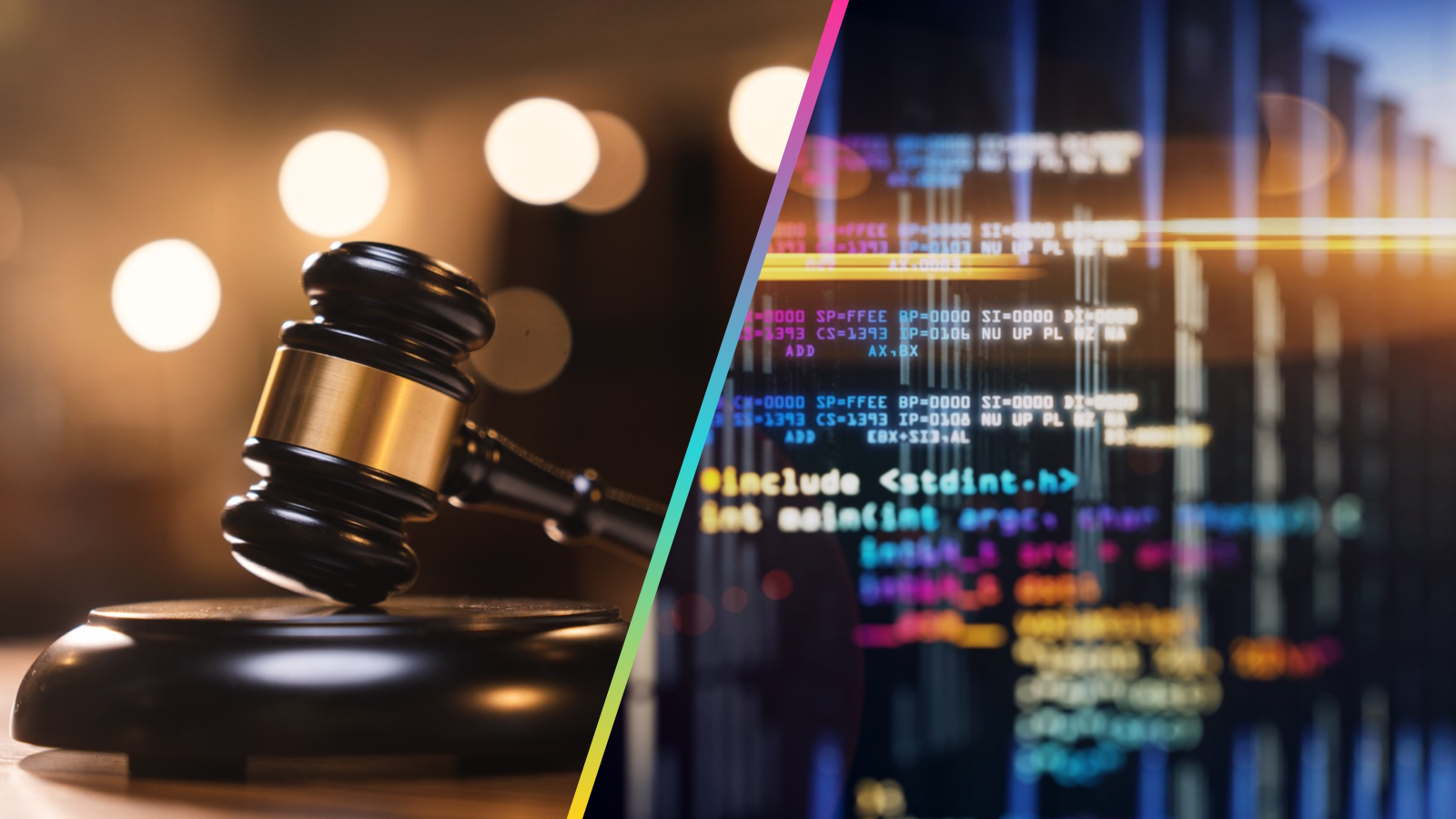 A judge's wooden gavel on the left, colourful source code on a dark screen on the right.