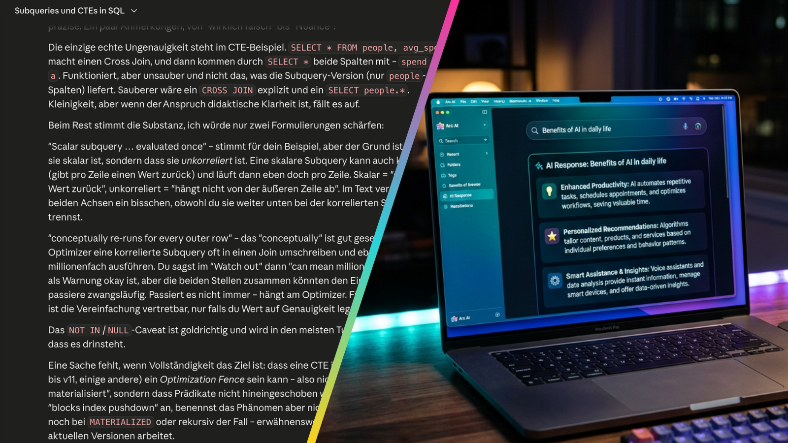 A dense wall of AI text on the left; the same kind of answer, clean and structured on a laptop, on the right.